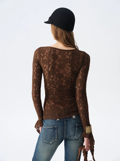 Lace Button Flare-Sleeve Top