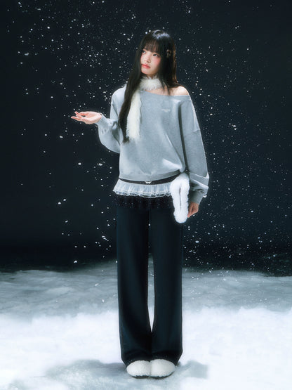 Navy Blue Star Lace Pleated Straight-leg Pant Set