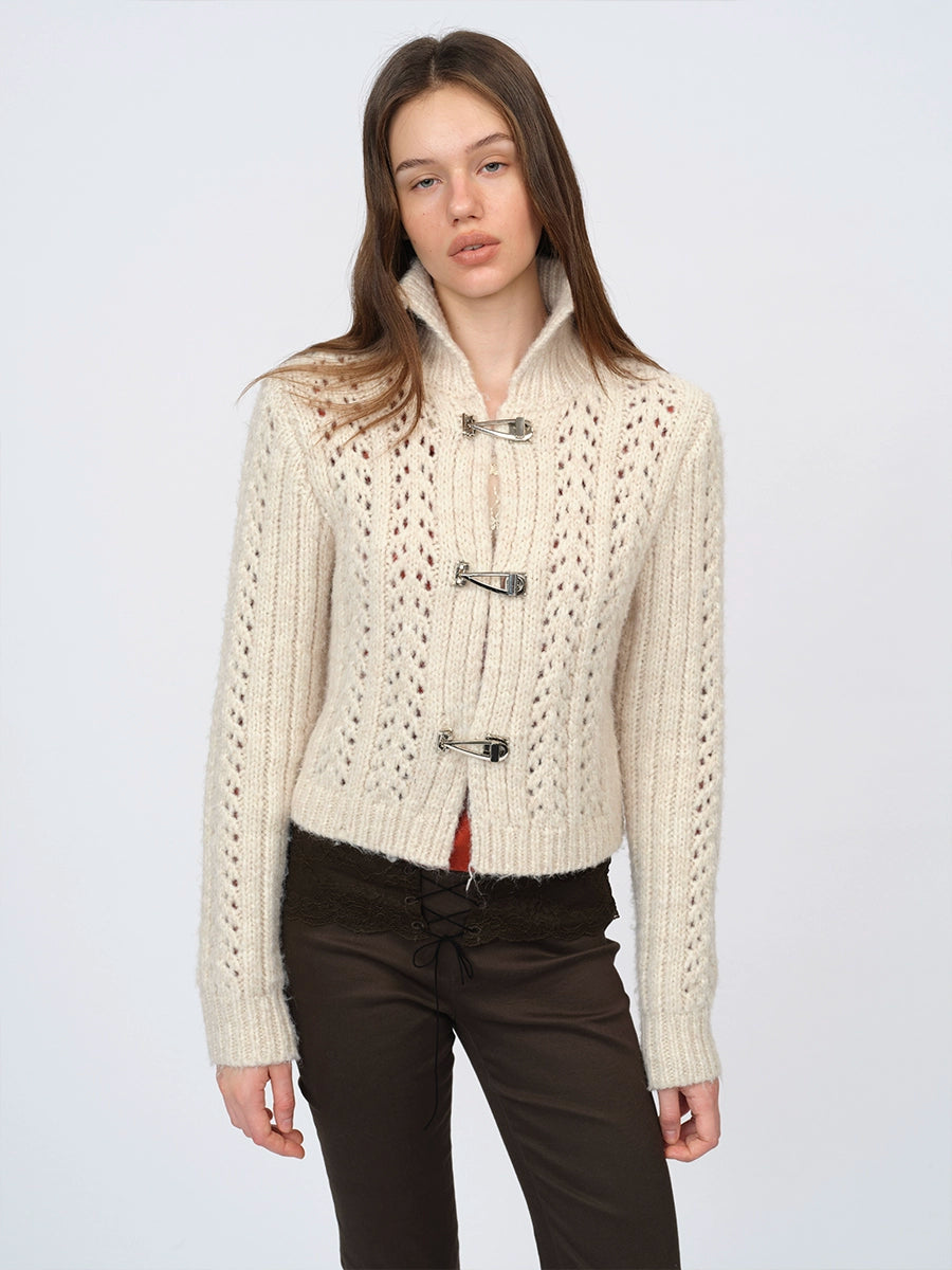Ivory &amp; Red Cutout Knit Cardigan