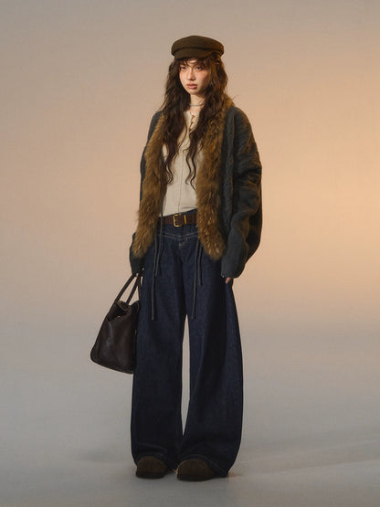 Tie Batwing Fur Collar Sweater