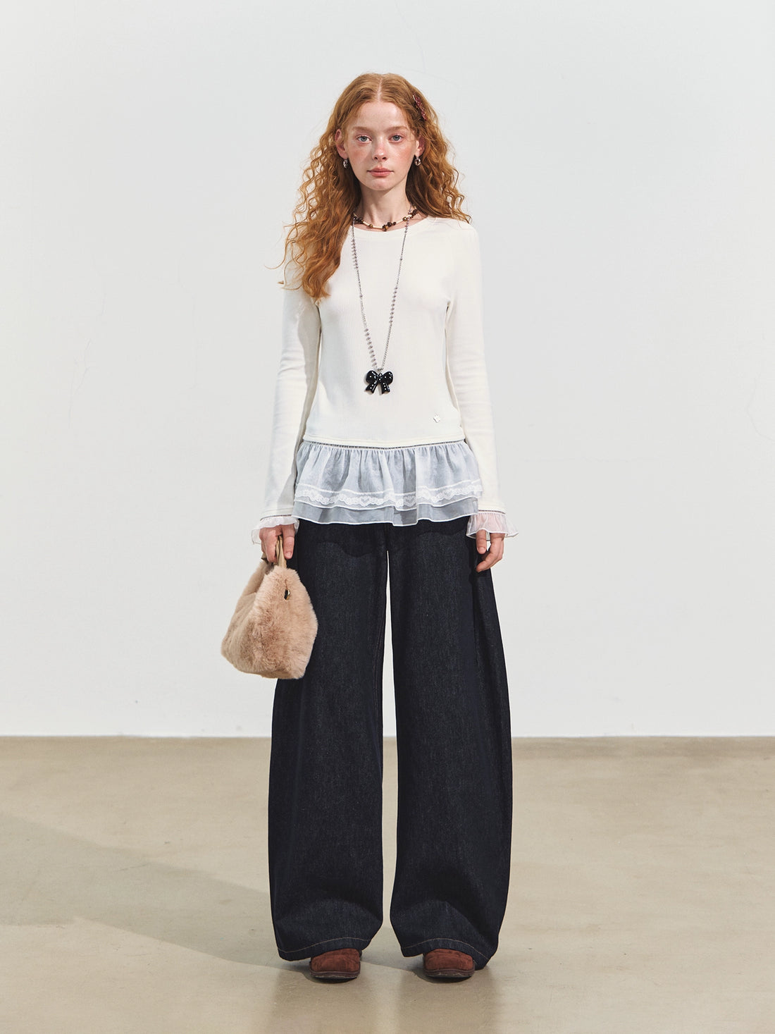 Double-layer Ruffle Raglan Fleece Top