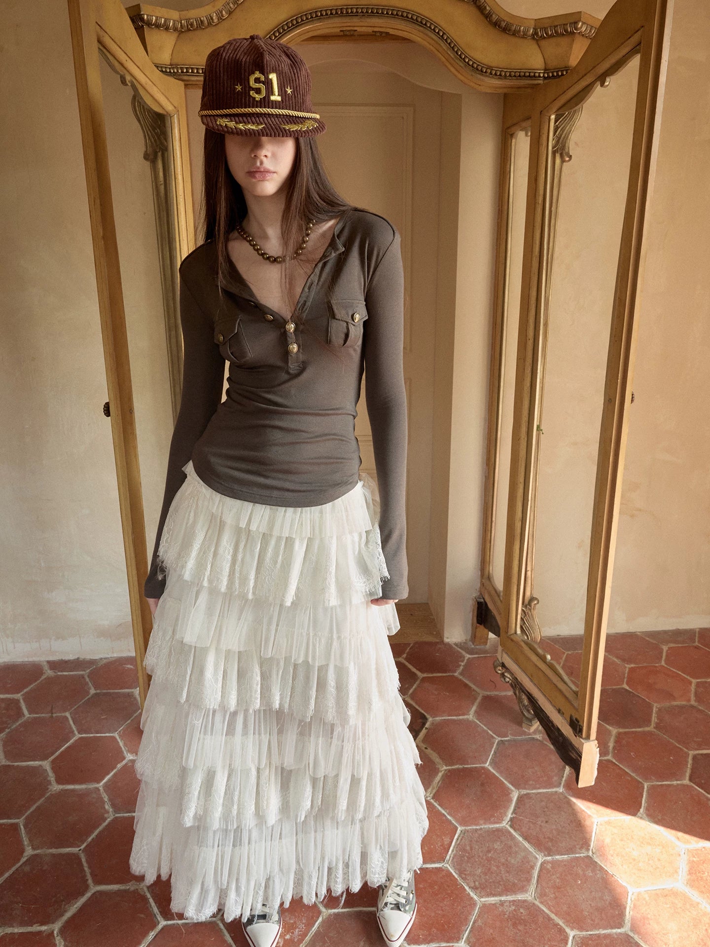 Layered Lace Tulle Midi Skirt