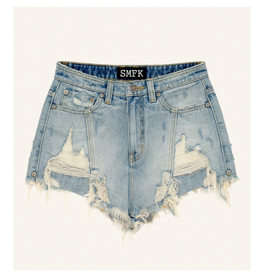 Blue Denim Frayed Distressed Shorts