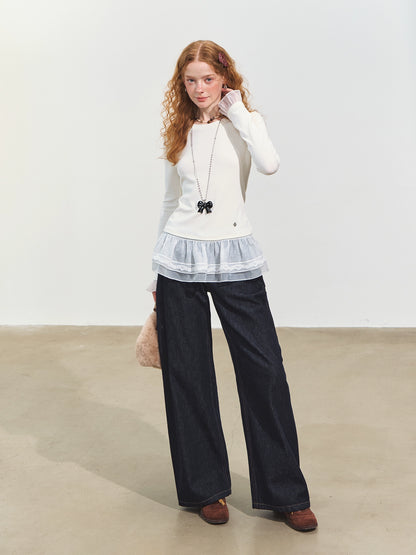 Double-layer Ruffle Raglan Fleece Top
