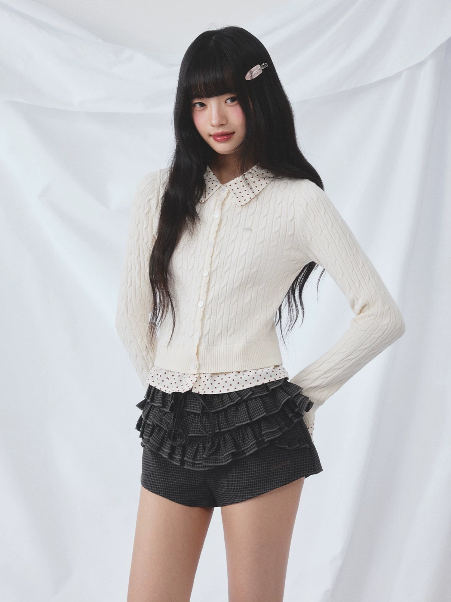 Polka Dot Faux Two-Piece Cardigan