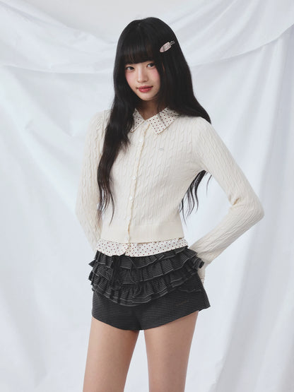 Polka Dot Faux Two-Piece Cardigan