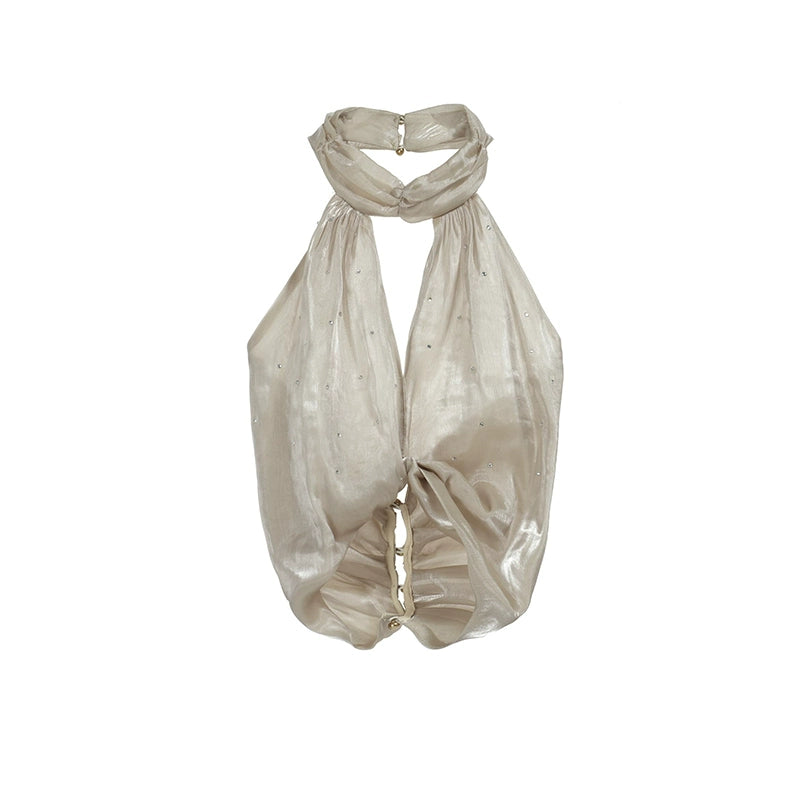 Gold Rhinestone Halter Organza Camisole