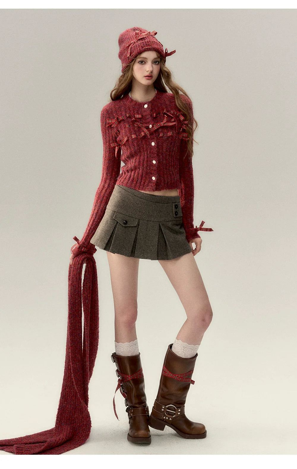 Red &amp; Black Bow Decorated Knit Cardigan