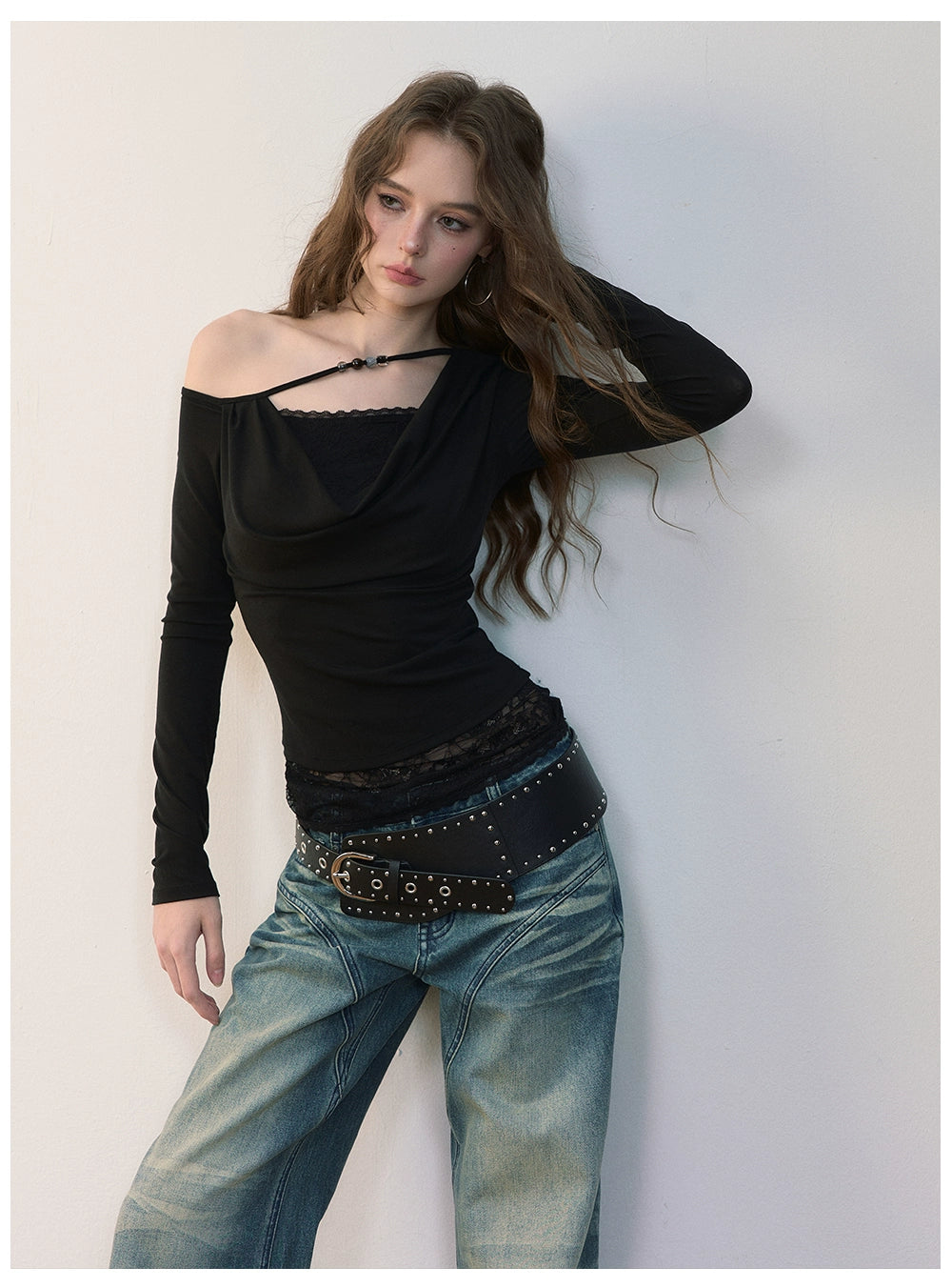 Asymmetric Beaded Drape T-shirt