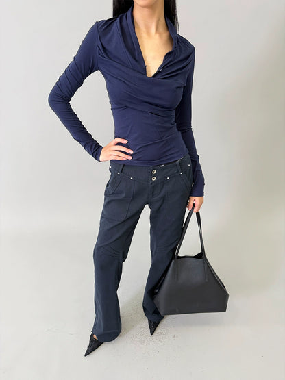 Deep-Blue V-Neck Structured Knit Top