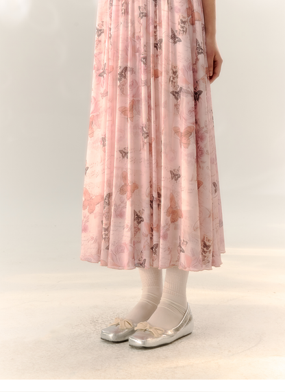 Pink Butterfly Print Square Neckline Dress