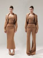 Khaki Striped Oversized Collar Knit Cardigan and Pants Set