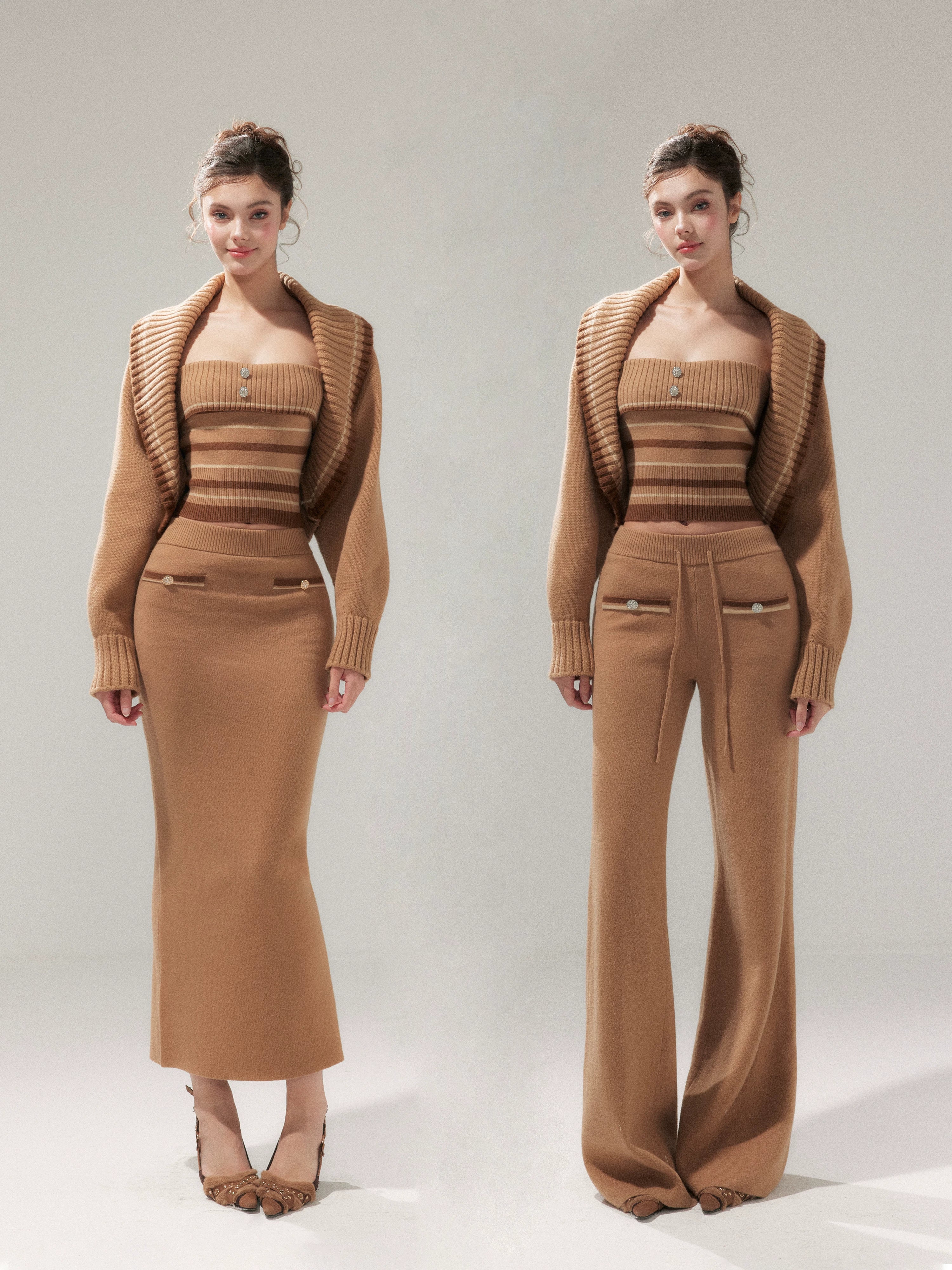 Khaki Striped Oversized Collar Knit Cardigan and Pants Set