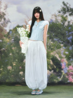 Light Blue Tie Bubble Sleeve Blouse