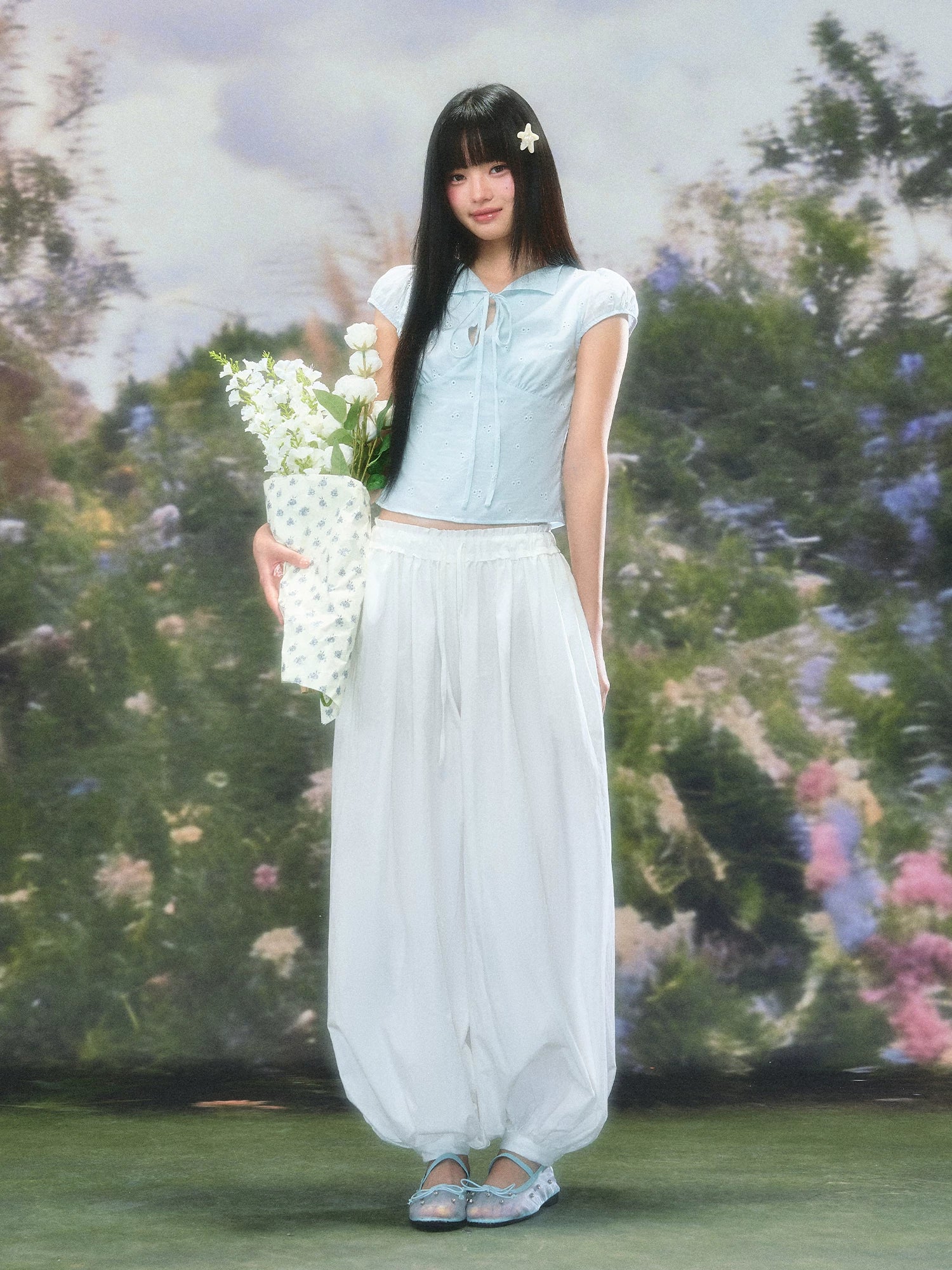 Light Blue Tie Bubble Sleeve Blouse