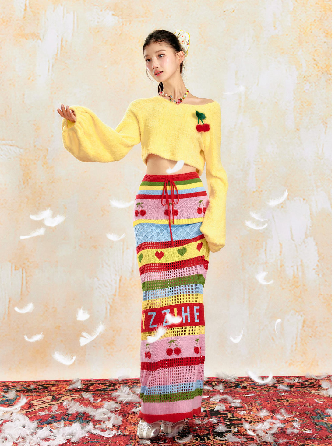 Soft Yellow Off-Shoulder Knit Sweater &amp; Skirt Set