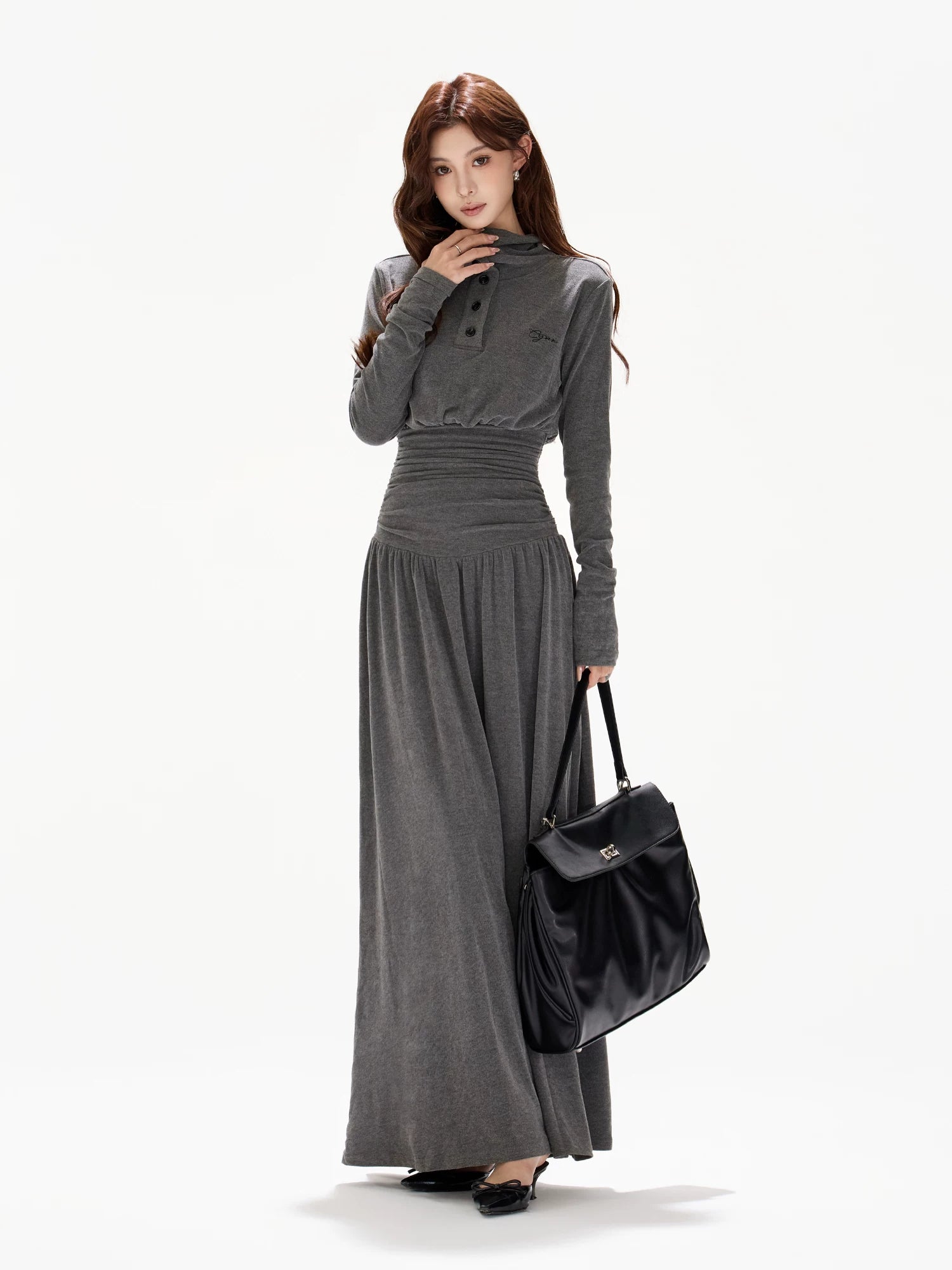 Half-High Collar Ruched A-Line Maxi Dress
