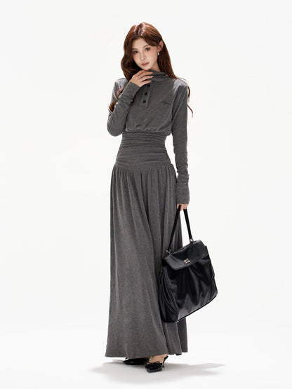 Half-High Collar Ruched A-Line Maxi Dress