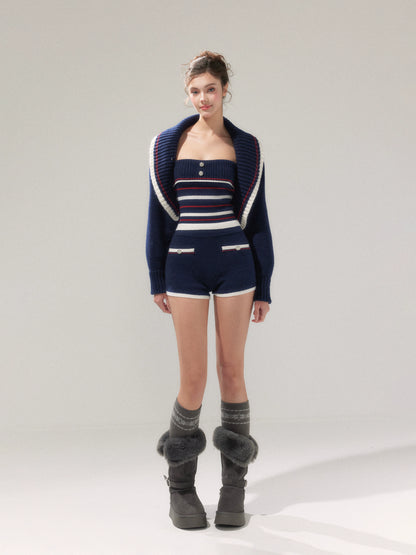 Navy Blue Striped Oversized Collar Knit Cardigan and Pants Set