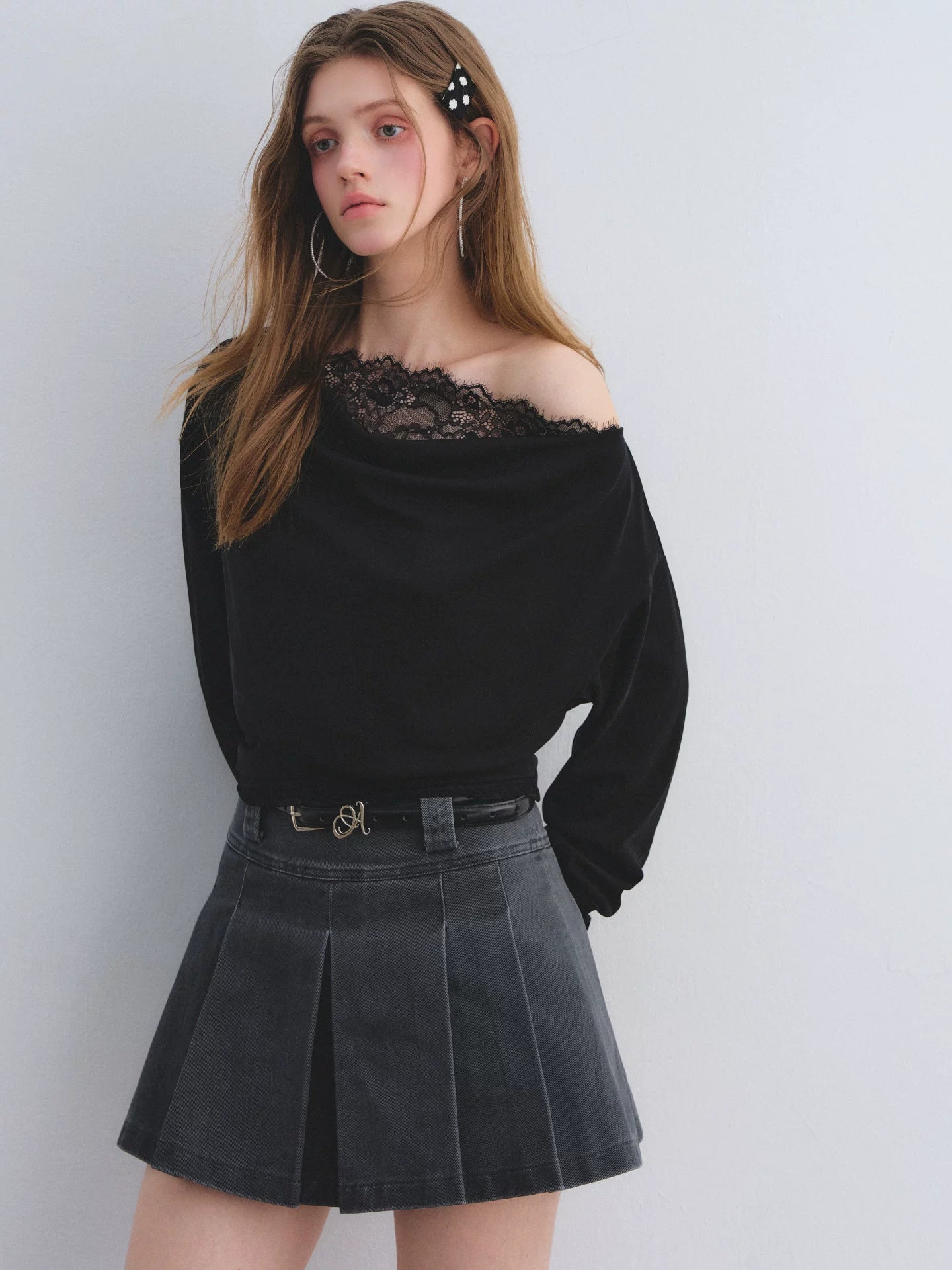 Draped Neck Cinched Waist Lace Patchwork Top