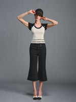 Black Quilted Cropped Flared Jeans