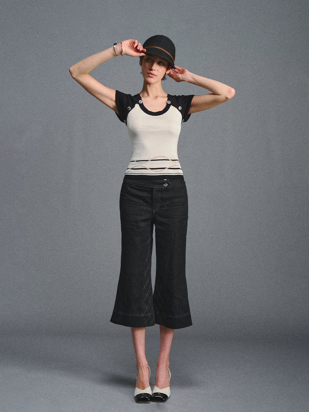 Black Quilted Cropped Flared Jeans