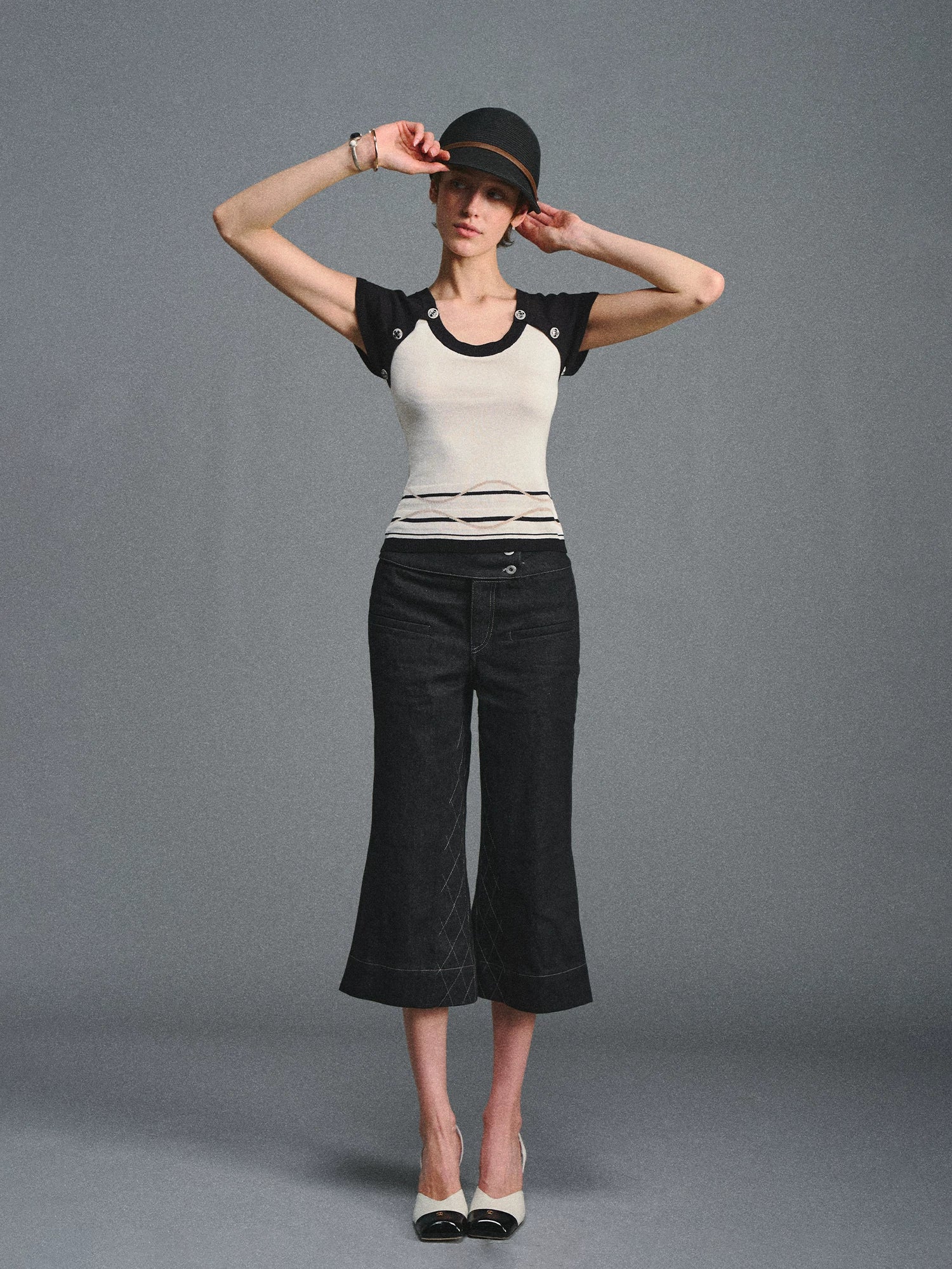Black Quilted Cropped Flared Jeans