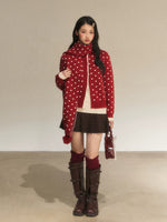 Red Contrast Polka Dot Knit Cardigan