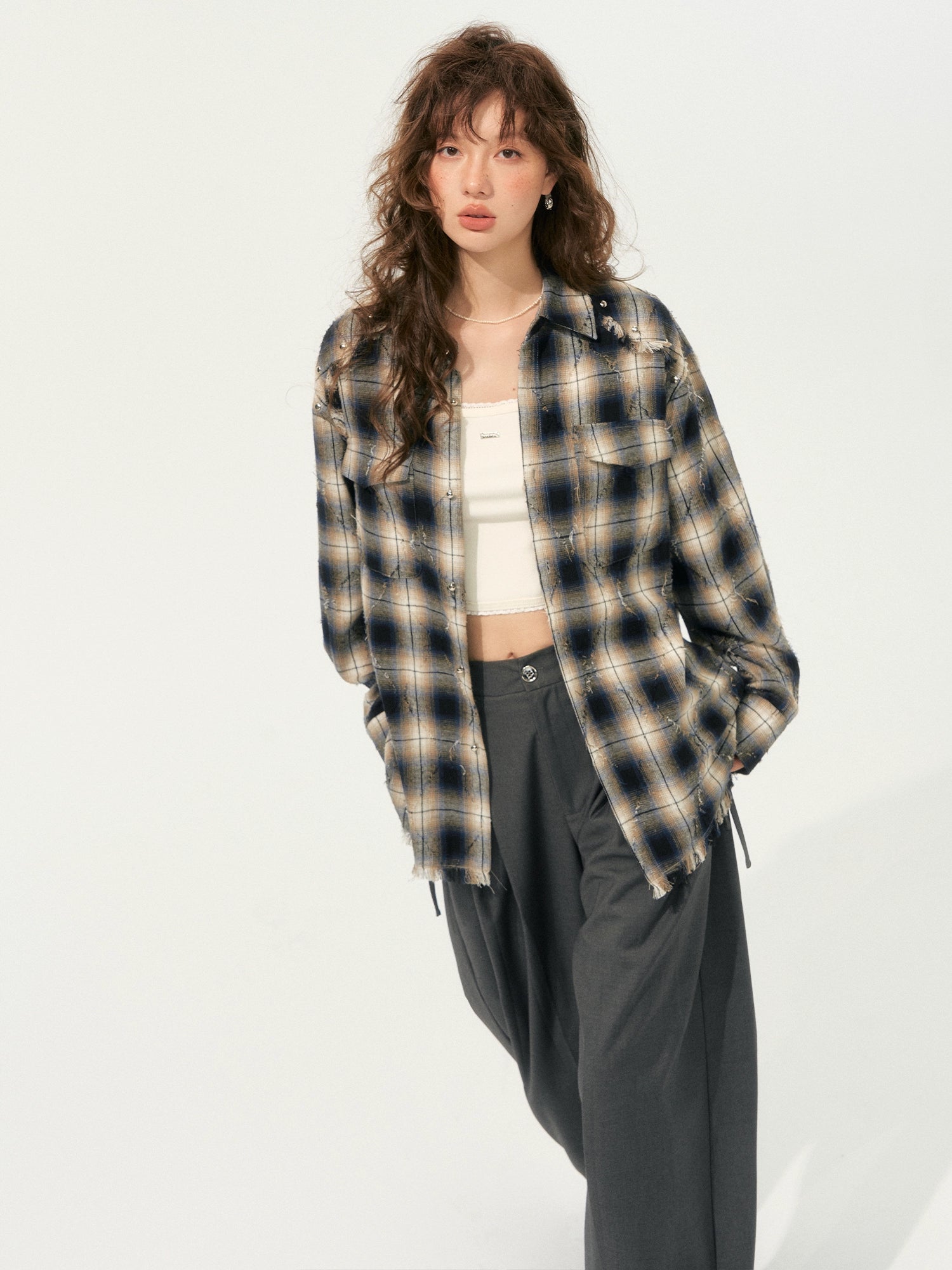Retro Tassel Checkered Shirt
