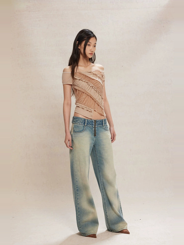 Apricot Embellished Mesh-Trim Knit Top