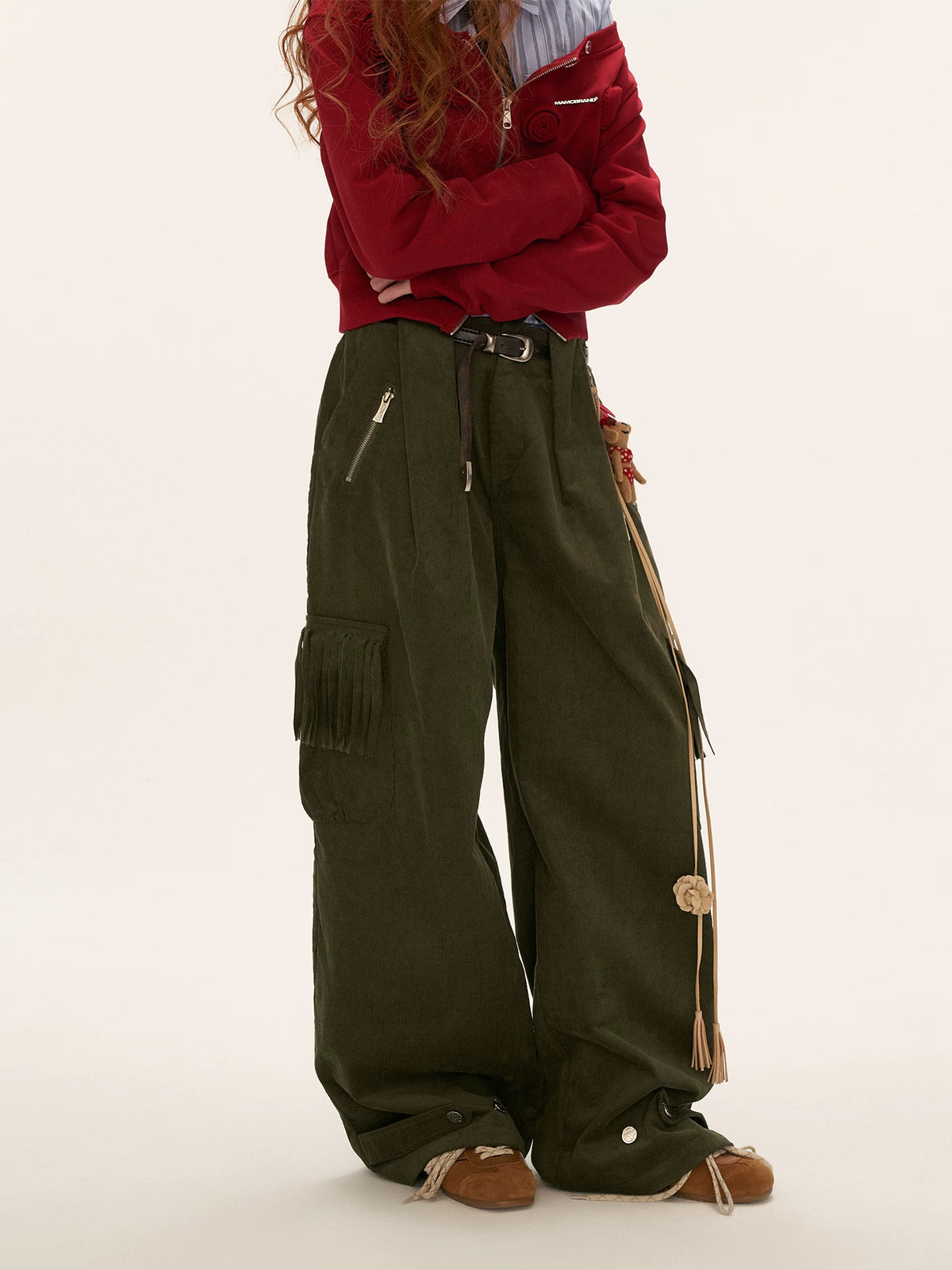 Fringed Corduroy Straight-Leg Pants