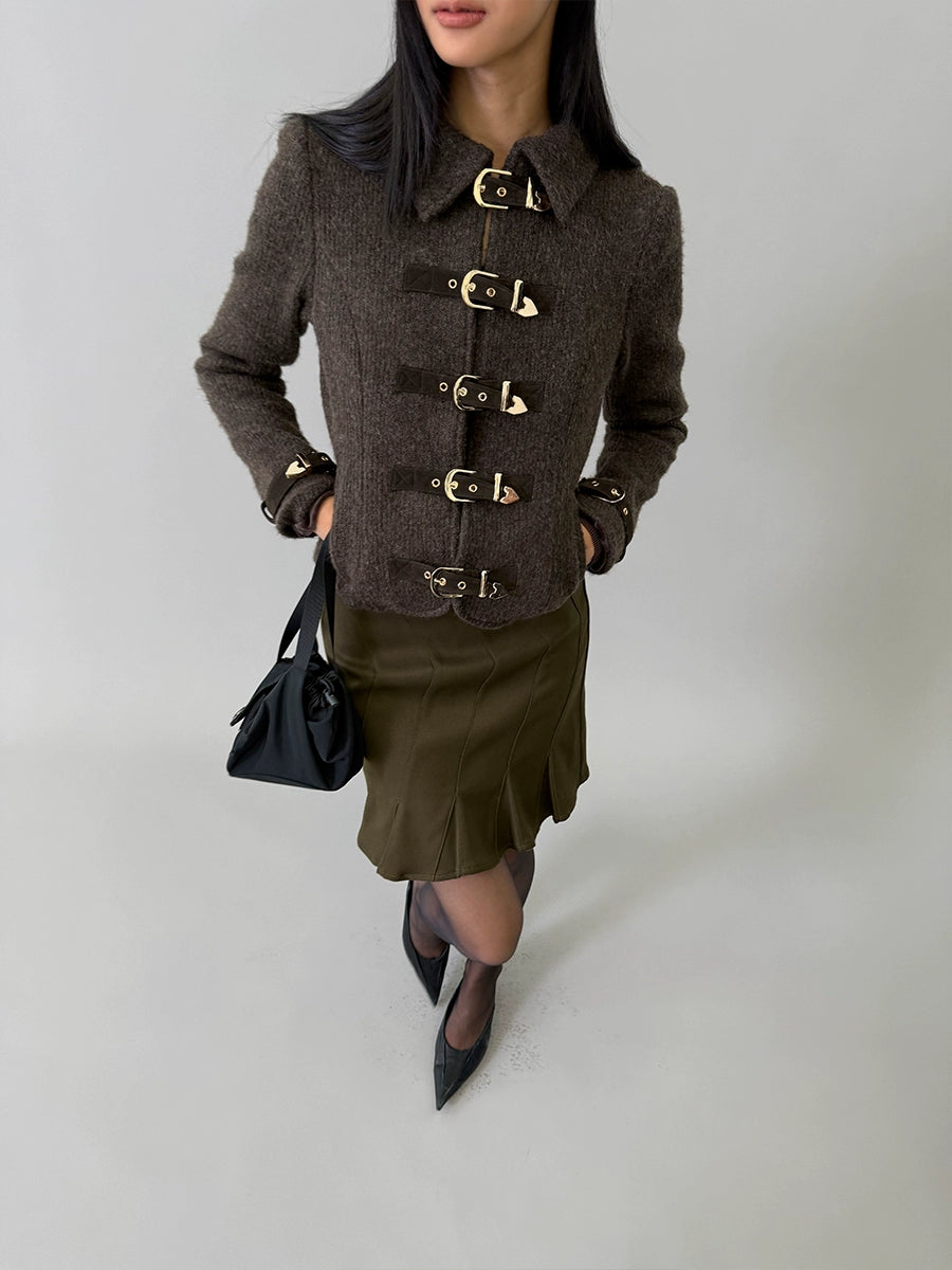 Metal-Button Wool-Blend Structured Short Jacket