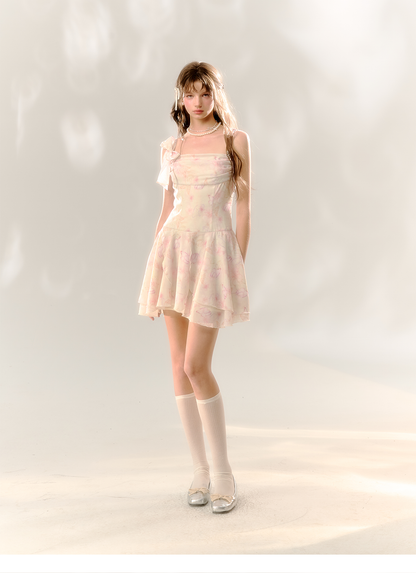 White Butterfly Print Cinched Waist Dress