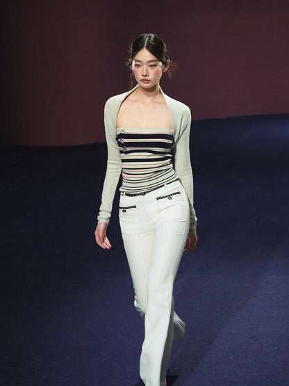 Striped Contrast Hand-Sewn Button Tube Top &amp; Shrug Set