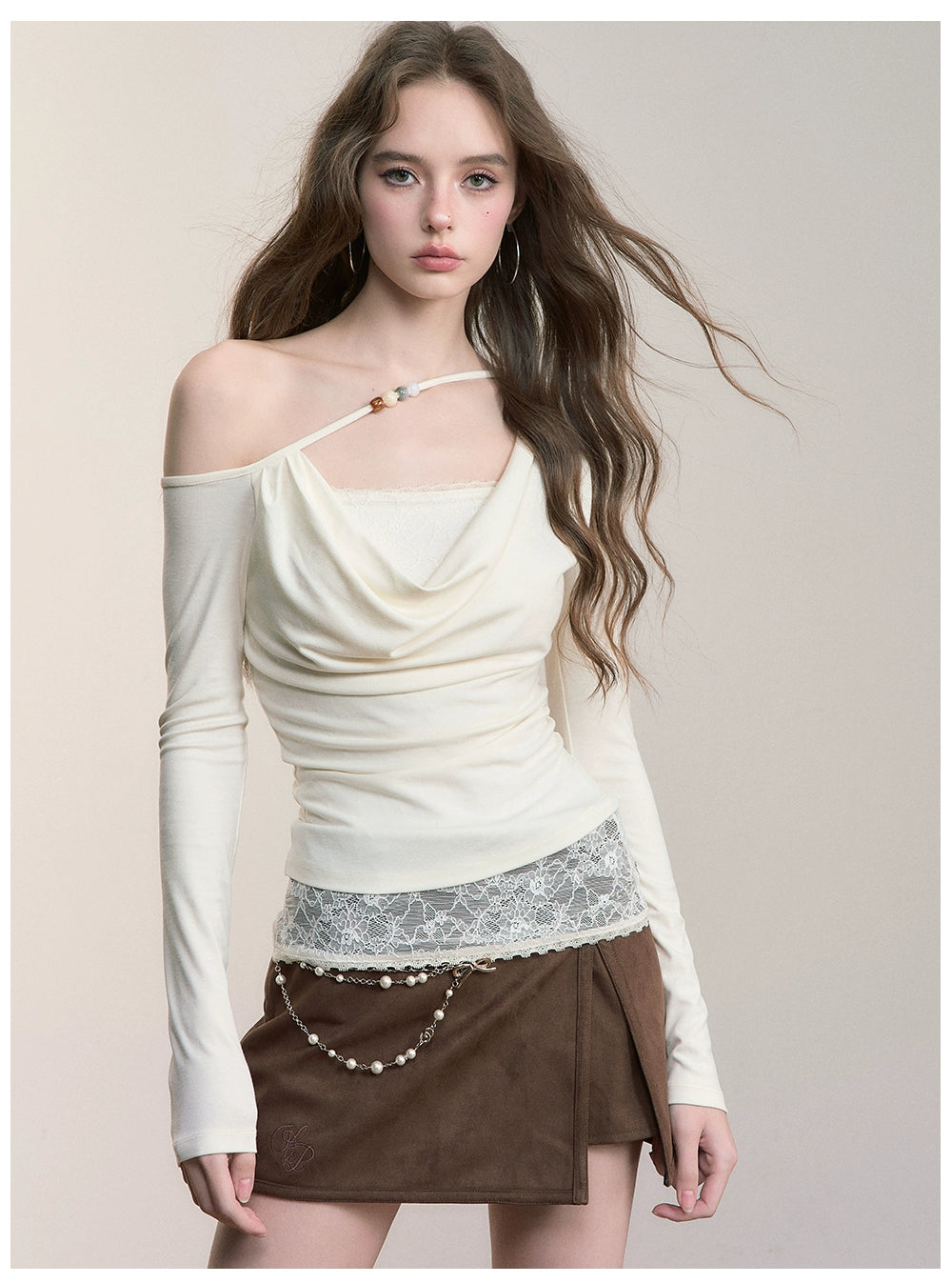 Asymmetric Beaded Drape T-shirt