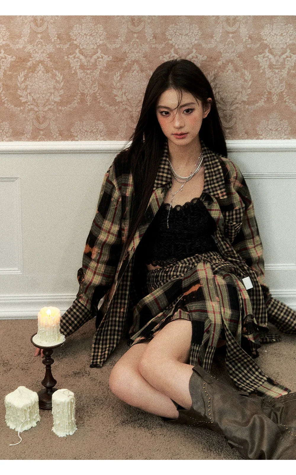 Washed Distressed Plaid Shirt &amp; Skirt Set