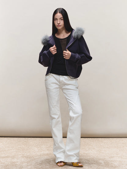 Batwing Hooded Fur-Collar Jacket