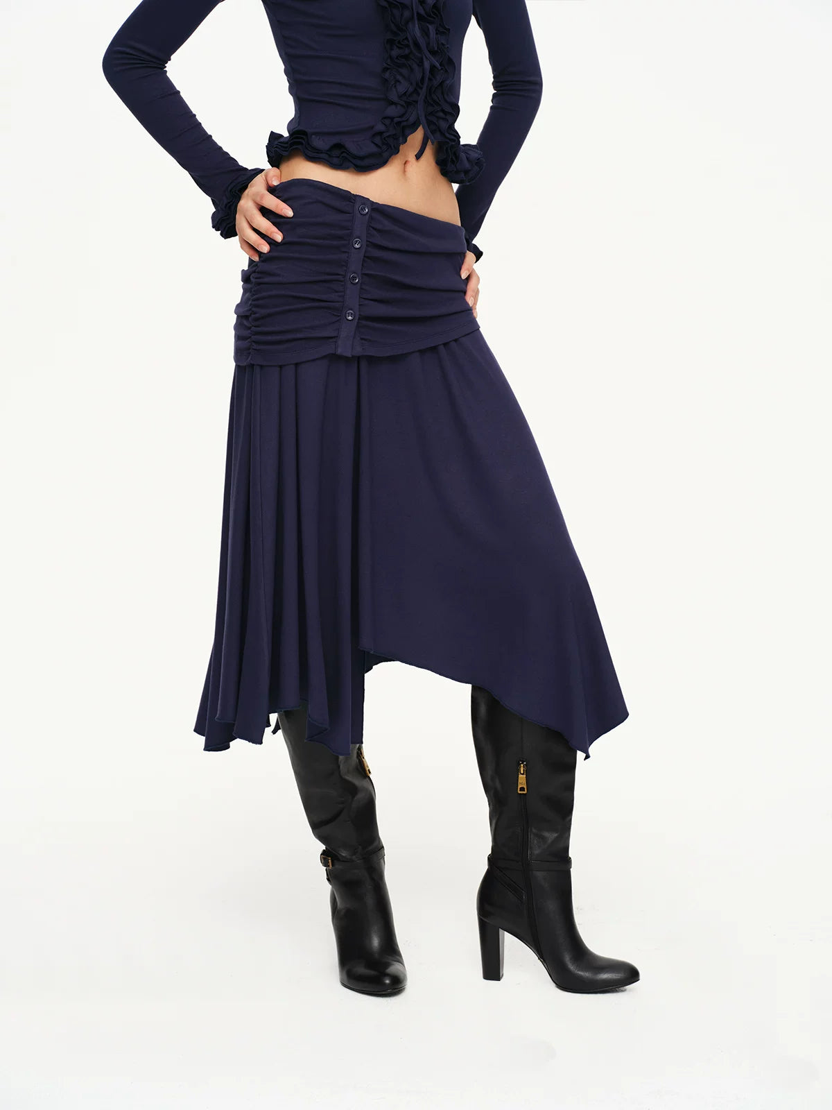 Ruched Ruffle Cardigan &amp; Skirt Set