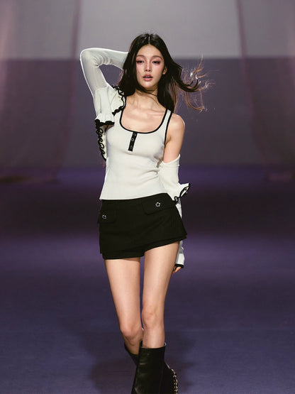 Black Striped Low-waist Slit Skort