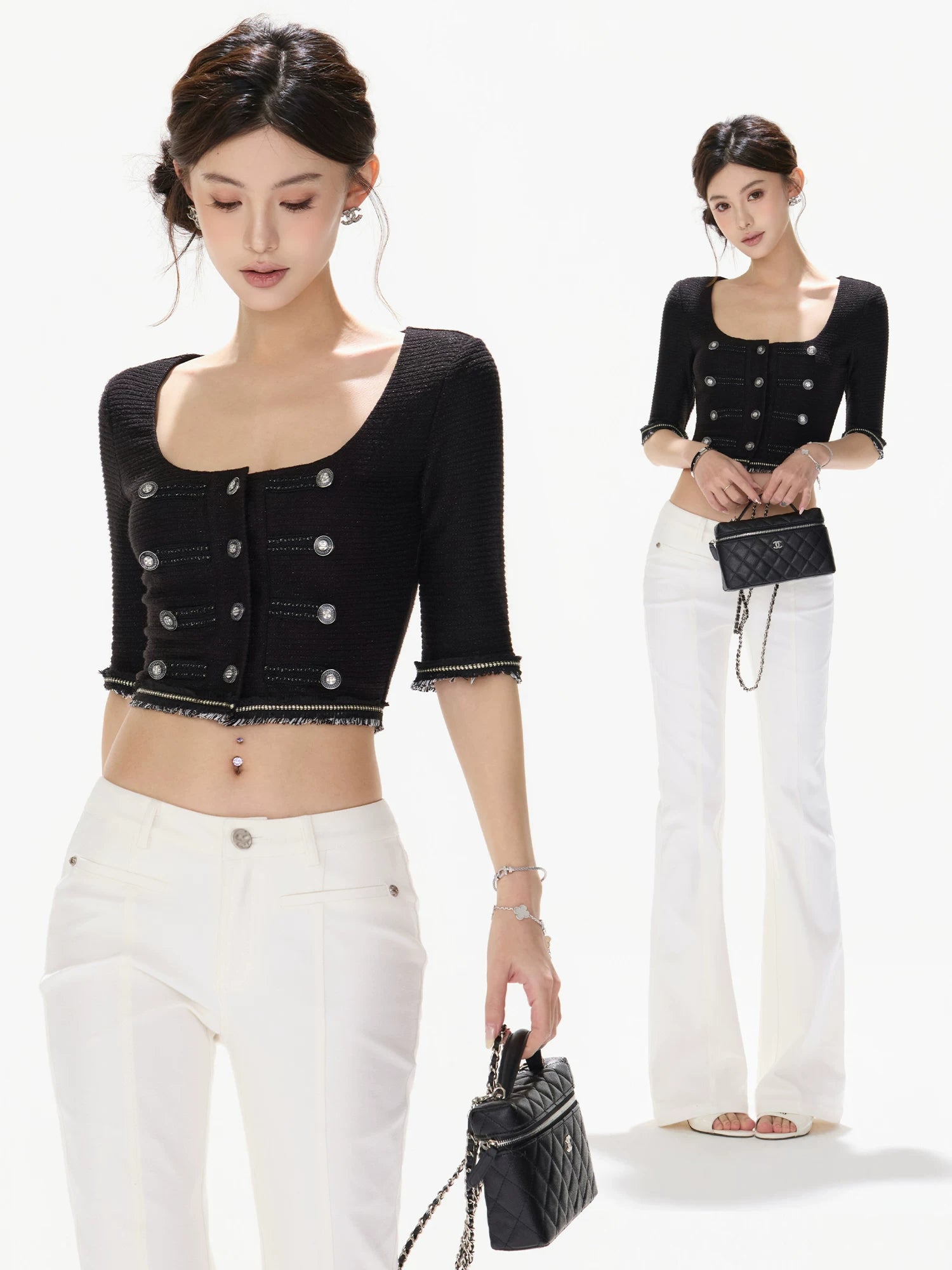 Black Silver Knit Crop Top