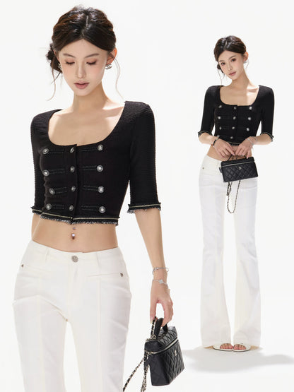 Black Silver Knit Crop Top