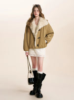 Khaki Shearling Collar Parka Jacket