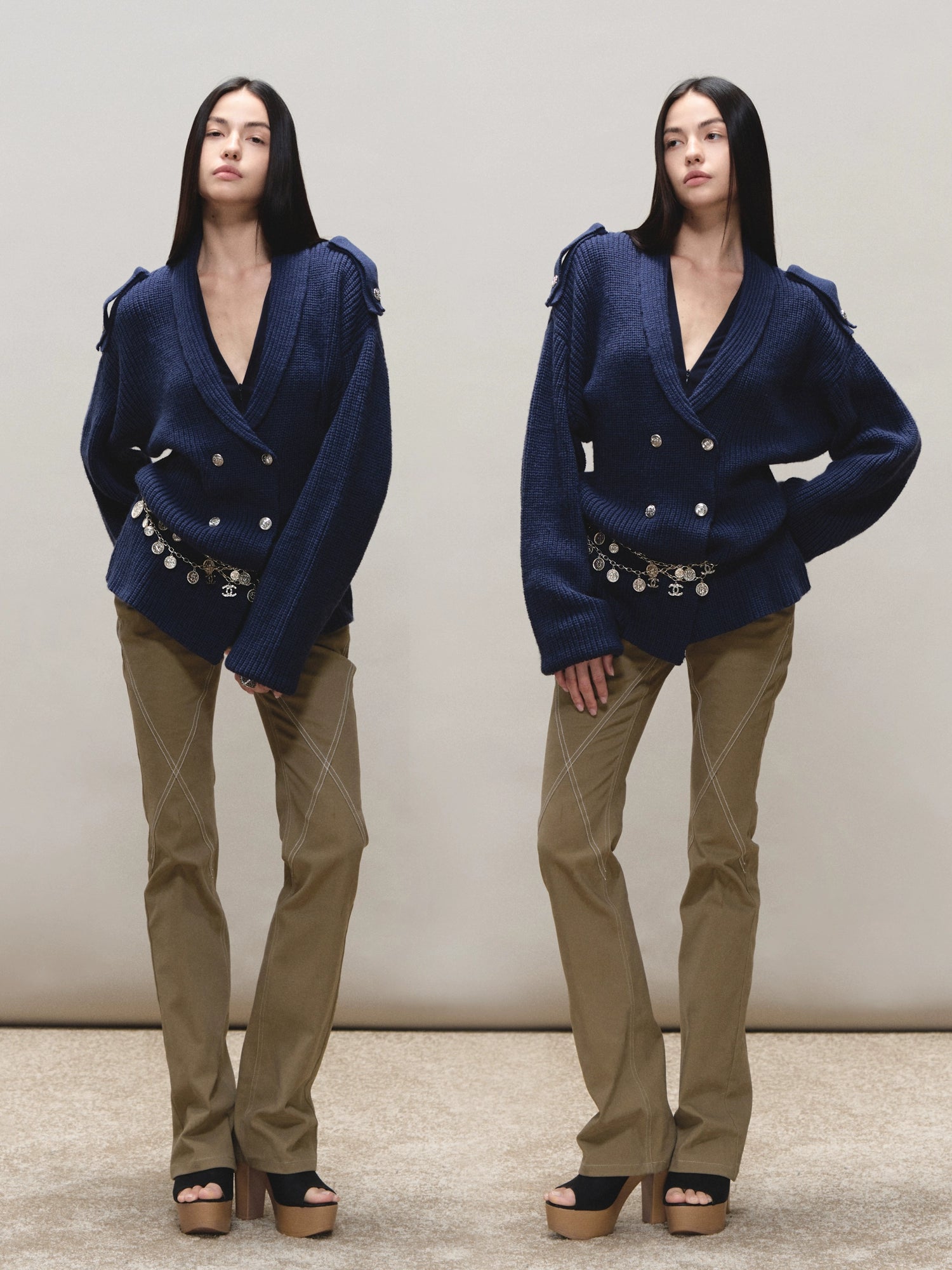 Wool Epaulet Double-Breasted Cardigan