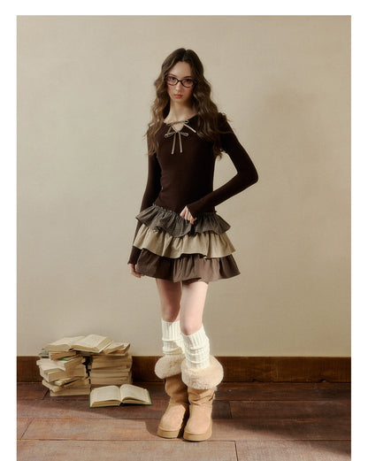 Brown &amp; White Knit Plaid Tiered Dress