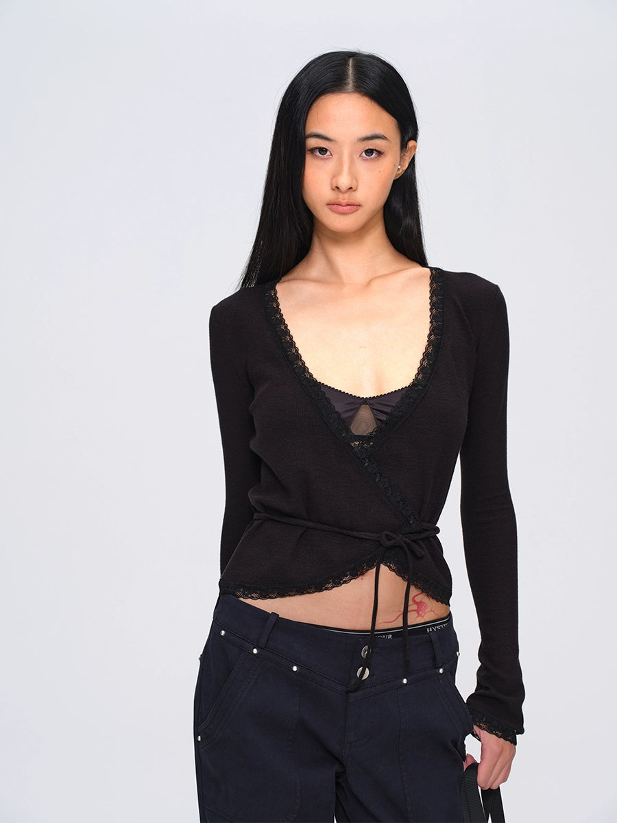 Two-Tone Lace-Trim Cross-Tie Cropped Knit Cardigan
