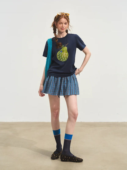 Blue Checkered Ruffled Pleated Skirt