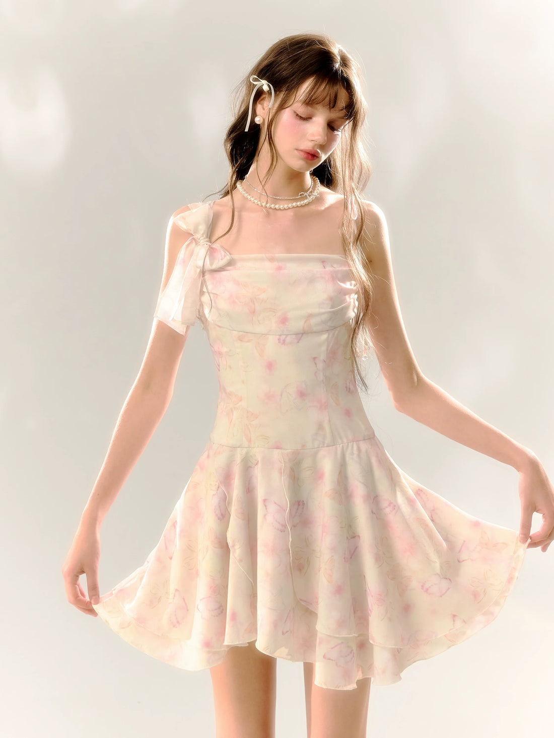 White Butterfly Print Cinched Waist Dress