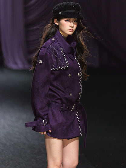 Purple Suede Stand-Collar Trench Jacket