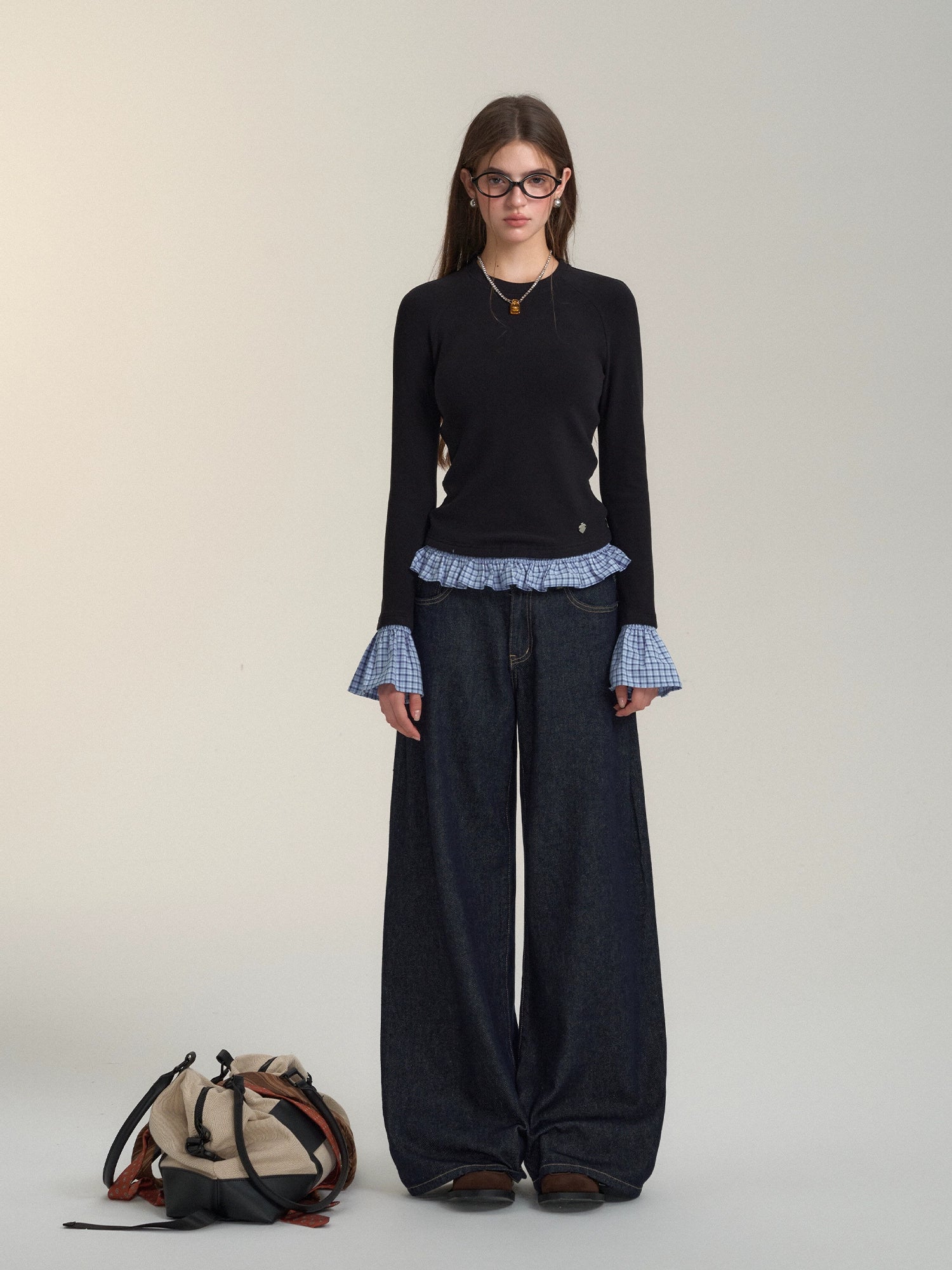 Plaid Patchwork Long-Sleeve Top