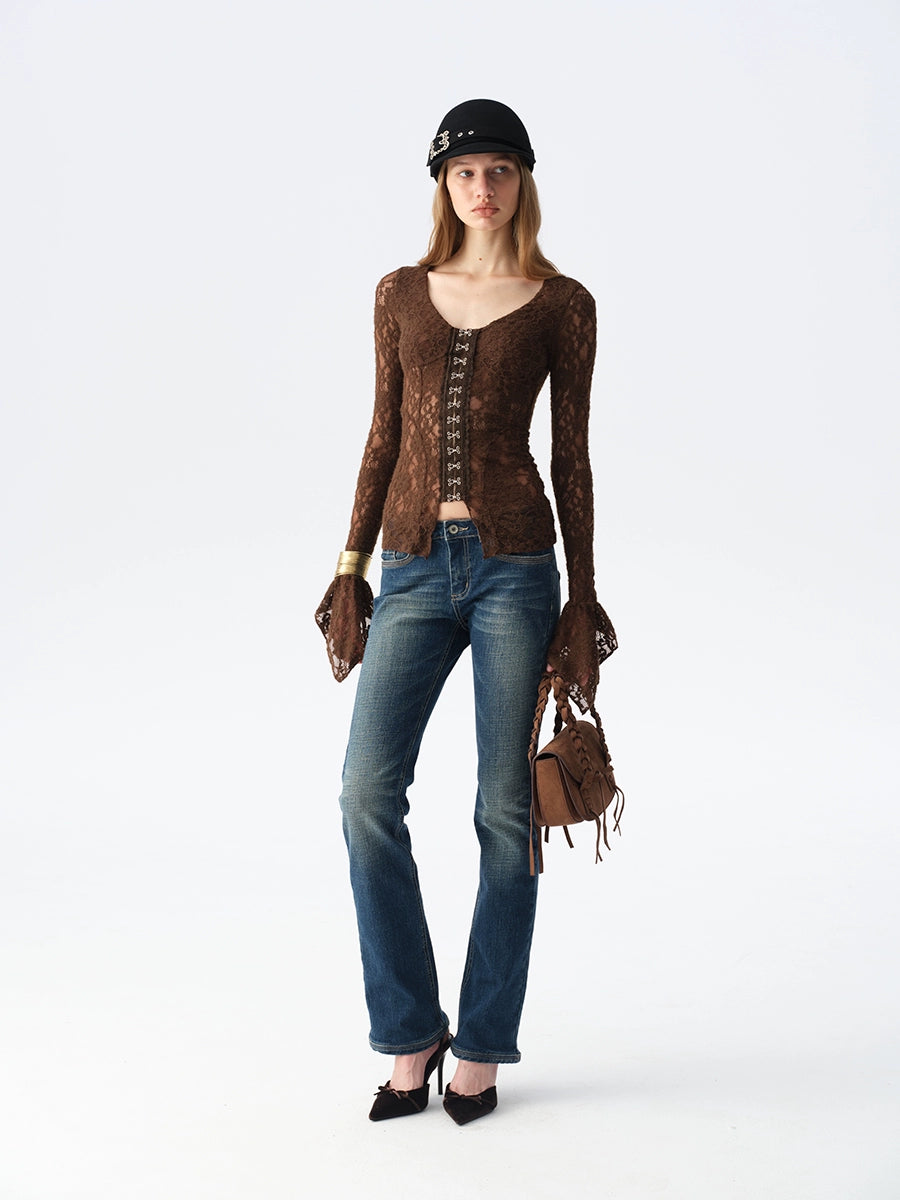 Lace Button Flare-Sleeve Top